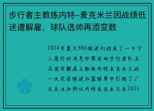 步行者主教练内特-麦克米兰因战绩低迷遭解雇，球队选帅再添变数